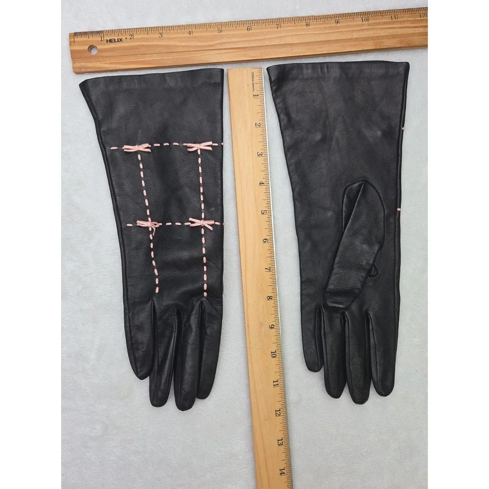 Portolano Womens Black Leather Gloves Pink Bows 100% Silk Lining Size 8 Vintage